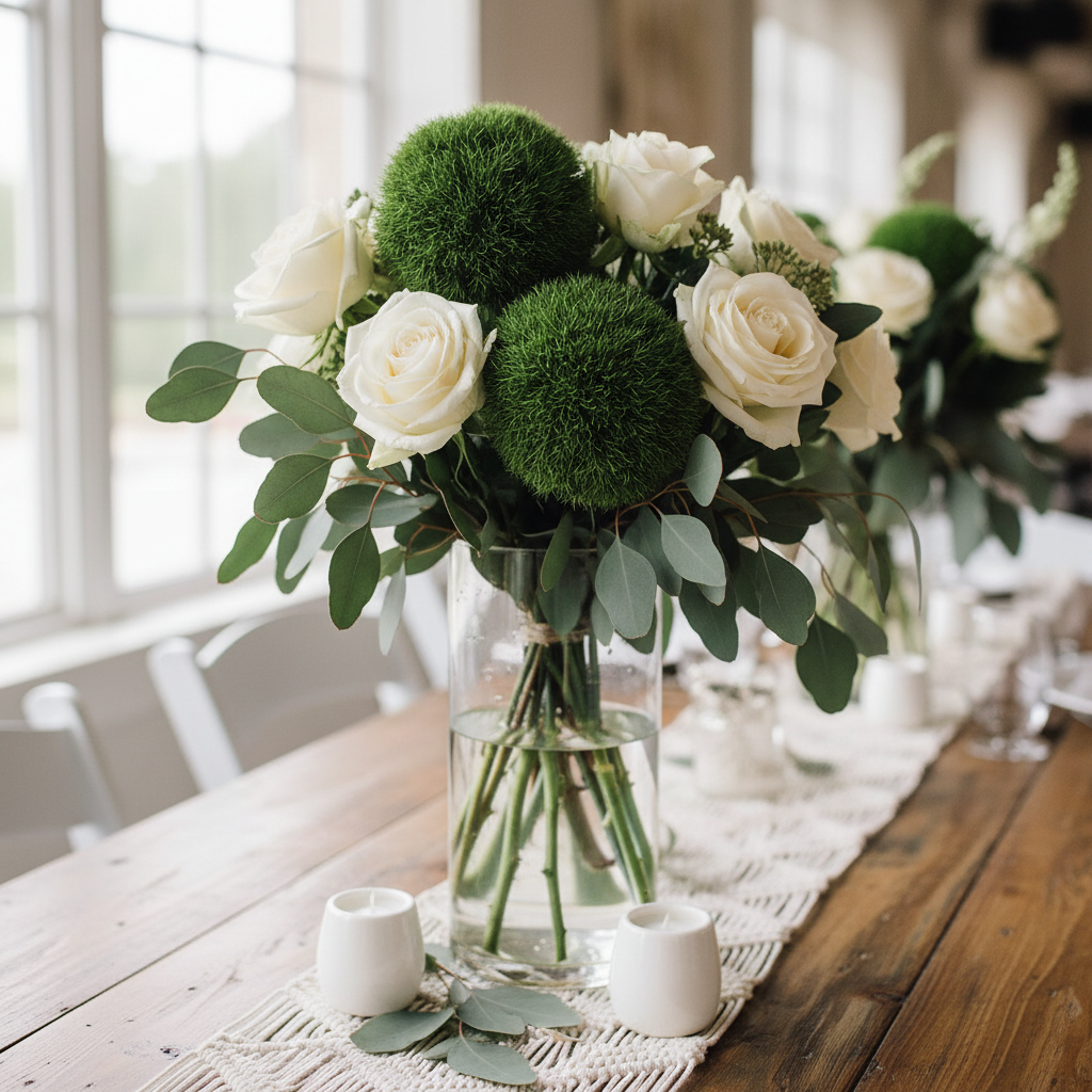 Tischdeko mit Bartnelke Green Trick, weißen Rosen und Eukalyptus in Glasvase